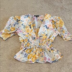 White Floral Smocked Waist Blouse